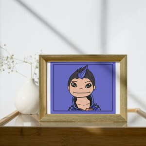 May include: A framed illustration of a cartoon character with blue hair and a purple shirt. The character is smiling and has a spiky hairstyle. The background is a solid purple color.