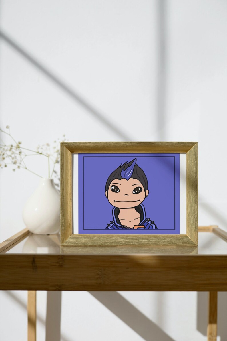 May include: A framed illustration of a cartoon character with blue hair and a purple shirt. The character is smiling and has a spiky hairstyle. The background is a solid purple color.