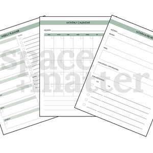 May include: A printable planner with a weekly, monthly, and monthly review section. The planner has a green and white color scheme.