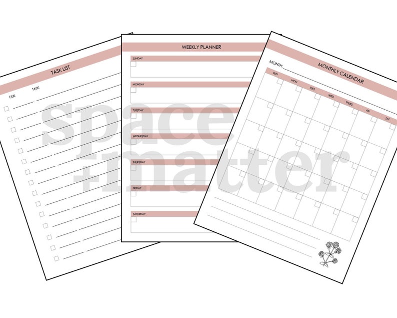 Puede incluir: Tres p&aacute;ginas de planificador imprimibles con un esquema de color rosa y blanco. Las p&aacute;ginas incluyen una lista de tareas, un planificador semanal y un calendario mensual.