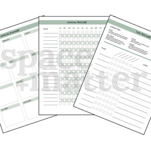 May include: Printable garden planner with sections for an annual planner, a task tracker, and an annual tracker. The annual planner has a grid for each month of the year. The task tracker has a section for garden tasks and a section for notes. The annual tracker has a grid for each month of the year and a section for plant names.