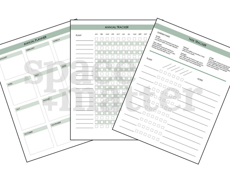 May include: Printable garden planner with sections for an annual planner, a task tracker, and an annual tracker. The annual planner has a grid for each month of the year. The task tracker has a section for garden tasks and a section for notes. The annual tracker has a grid for each month of the year and a section for plant names.