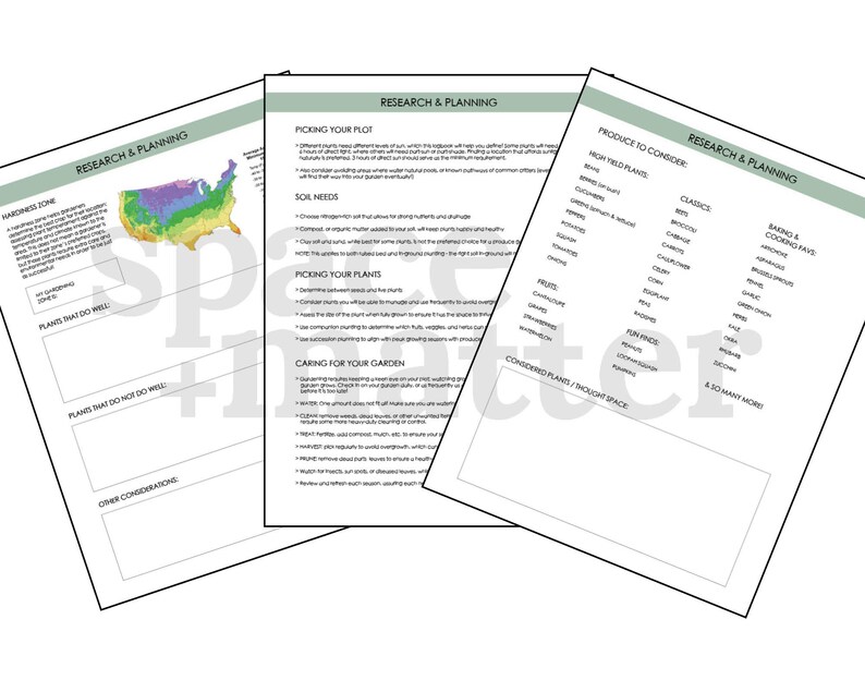 May include: A printable gardening planner with sections for research and planning, picking your plot, picking your plants, caring for your garden, and produce to consider. The planner includes a map of the United States with different hardiness zones.