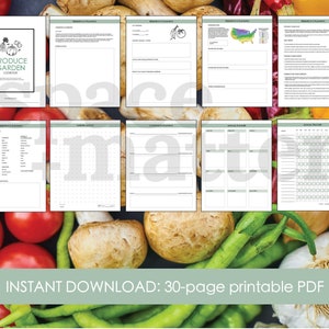 May include: A printable 30-page Produce Garden Logbook PDF with sections for research and planning, garden layout, companion planting, annual planner, and seasonal tracker. The cover features a green illustration of a garden with the text "Produce Garden Logbook".