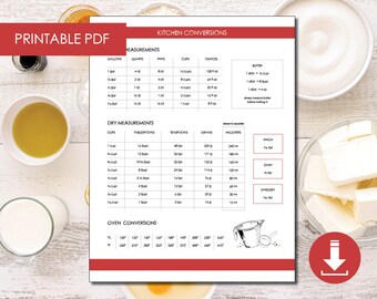 Keukenconversiegrafiek afdrukbaar - 1 paginagids / keukenafmetingen / bakmaten / direct downloaden / PDF
