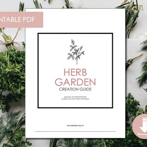 Puede incluir: Gu&iacute;a imprimible en PDF con una ilustraci&oacute;n en blanco y negro de una planta de hierbas. El t&iacute;tulo es "Gu&iacute;a de creaci&oacute;n de jard&iacute;n de hierbas" con el texto "Herramientas de investigaci&oacute;n y planificaci&oacute;n para cultivar tus propias hierbas y especias."