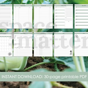 May include: Printable gardening planner with pages for monthly calendar, expense tracker, plant preference, weekly planner, supply record, notes, and action items.  The pages are white with black text and illustrations.  The image shows the pages against a background of green plants.