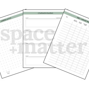 May include: Printable garden planner with three sections: a garden layout grid, a companion planting chart, and a seed to harvest tracker. The layout grid is filled with small dots. The companion planting chart has four rows for plant names and companion plants. The seed to harvest tracker has columns for seed, start date, days to maturity, direct sow, transplant date, harvest date, and notes.
