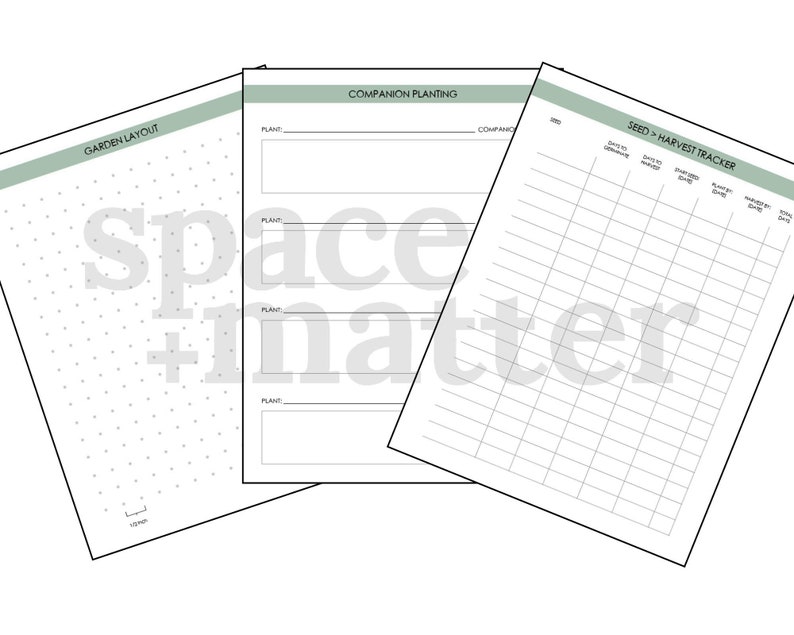 May include: Printable garden planner with three sections: a garden layout grid, a companion planting chart, and a seed to harvest tracker. The layout grid is filled with small dots. The companion planting chart has four rows for plant names and companion plants. The seed to harvest tracker has columns for seed, start date, days to maturity, direct sow, transplant date, harvest date, and notes.