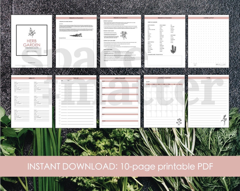 Puede incluir: Una gu&iacute;a PDF imprimible para crear un jard&iacute;n de hierbas. La gu&iacute;a incluye 10 p&aacute;ginas con secciones para la planificaci&oacute;n de la investigaci&oacute;n, listas de hierbas, planificaci&oacute;n semanal y un calendario mensual. La portada presenta un dise&ntilde;o simple con el texto "Herb Garden Creation Guide".