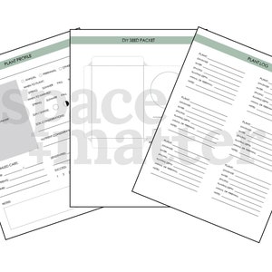 May include: Printable plant profile, seed packet, and plant log templates. The templates are designed for gardeners to track their plants and seeds. The templates are in black and white with a green border.