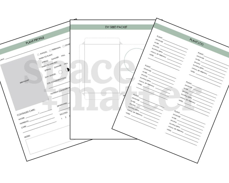 May include: Printable plant profile, seed packet, and plant log templates. The templates are designed for gardeners to track their plants and seeds. The templates are in black and white with a green border.