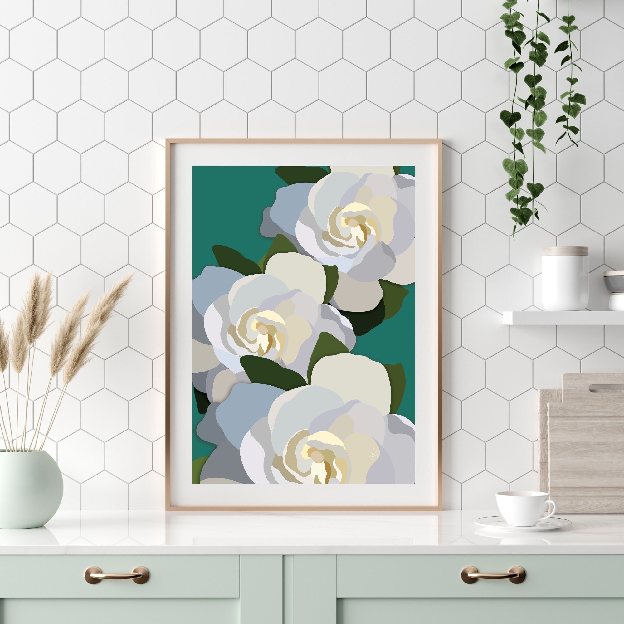 White Flowers With Teal Unframed Art Print, Teal Wall Art, Floral ...
