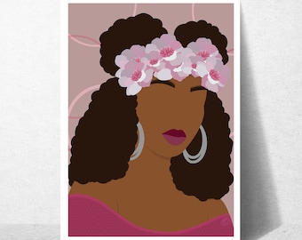 Think in Pink Unframed Art Print: Black Woman with Floral Crown