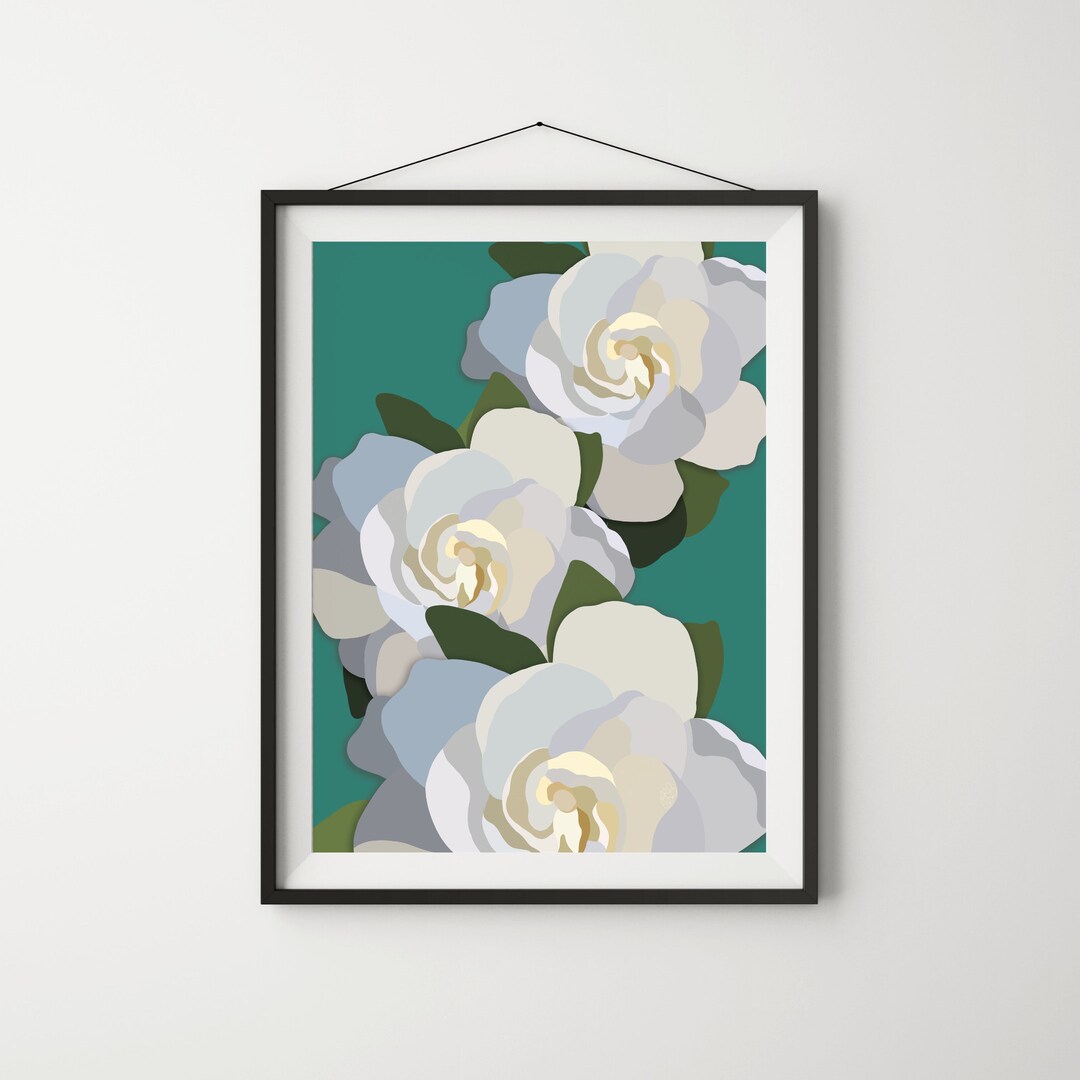 White Flowers With Teal Unframed Art Print, Teal Wall Art, Floral