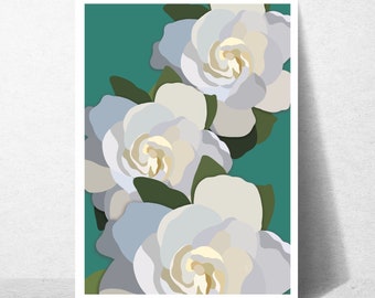 White Flowers with Teal Art Print, Botanical Wall Art (Digital Download)