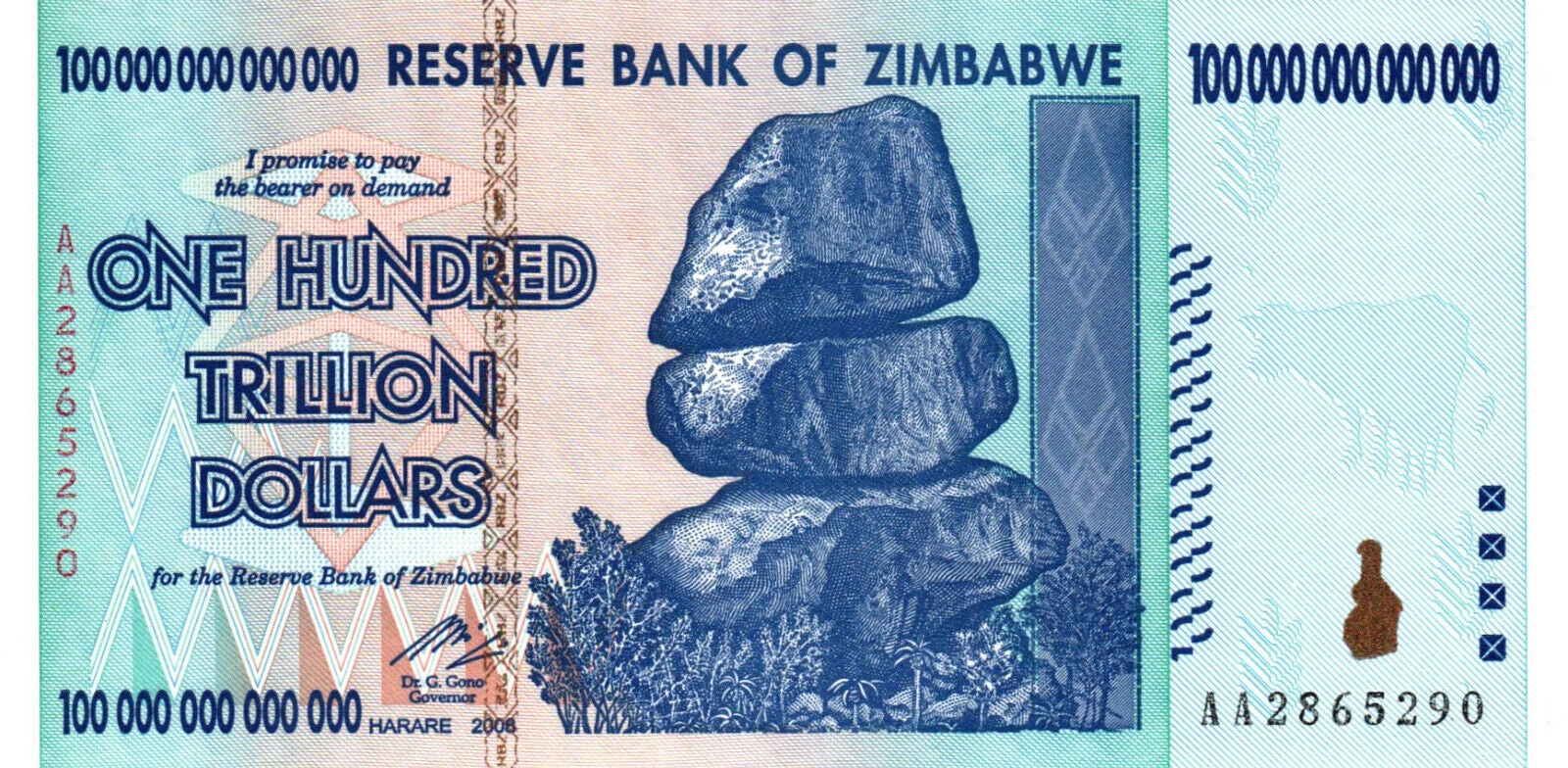 2008 100 Trillion Dollars Reserve Bank Of Zimbabwe, AA P-91 Uncirulated . 100% Authentic Guaranteed !!