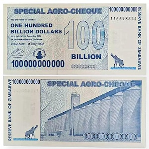 Peut inclure: Un chèque spécial agro-chèque zimbabwéen d'une valeur de cent milliards de dollars. Le chèque présente un design bleu et blanc avec une girafe et un silo à grains. Le texte "SPECIAL AGRO-CHEQUE" est imprimé en bleu en haut du chèque. Le texte "100 BILLION" est imprimé en bleu en bas du chèque.
