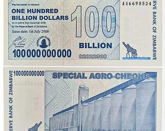 10 x 100 Billion Dollars Zimbabwe Special Agro Cheque 2008 Authentic COA