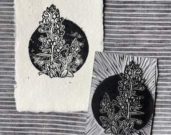 Texas Bluebonnet - Original Linoleum Hand Block Print - Wall Art - Texas