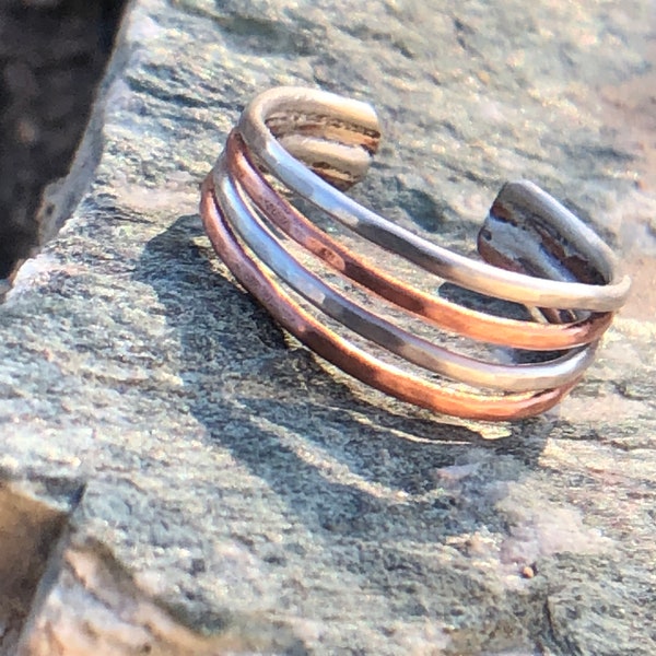 4 Band Sterling Silver w/Alternating Copper Hammered Band Adjustable Toe Ring