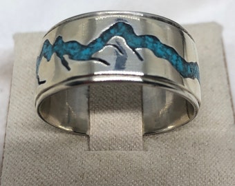 Handmade Sterling Silver Mountain Ring | Turquoise Inlay Ring | Mens Engagement Bands | Inlay Jewelry | Nature Jewelry | Genuine Turquoise