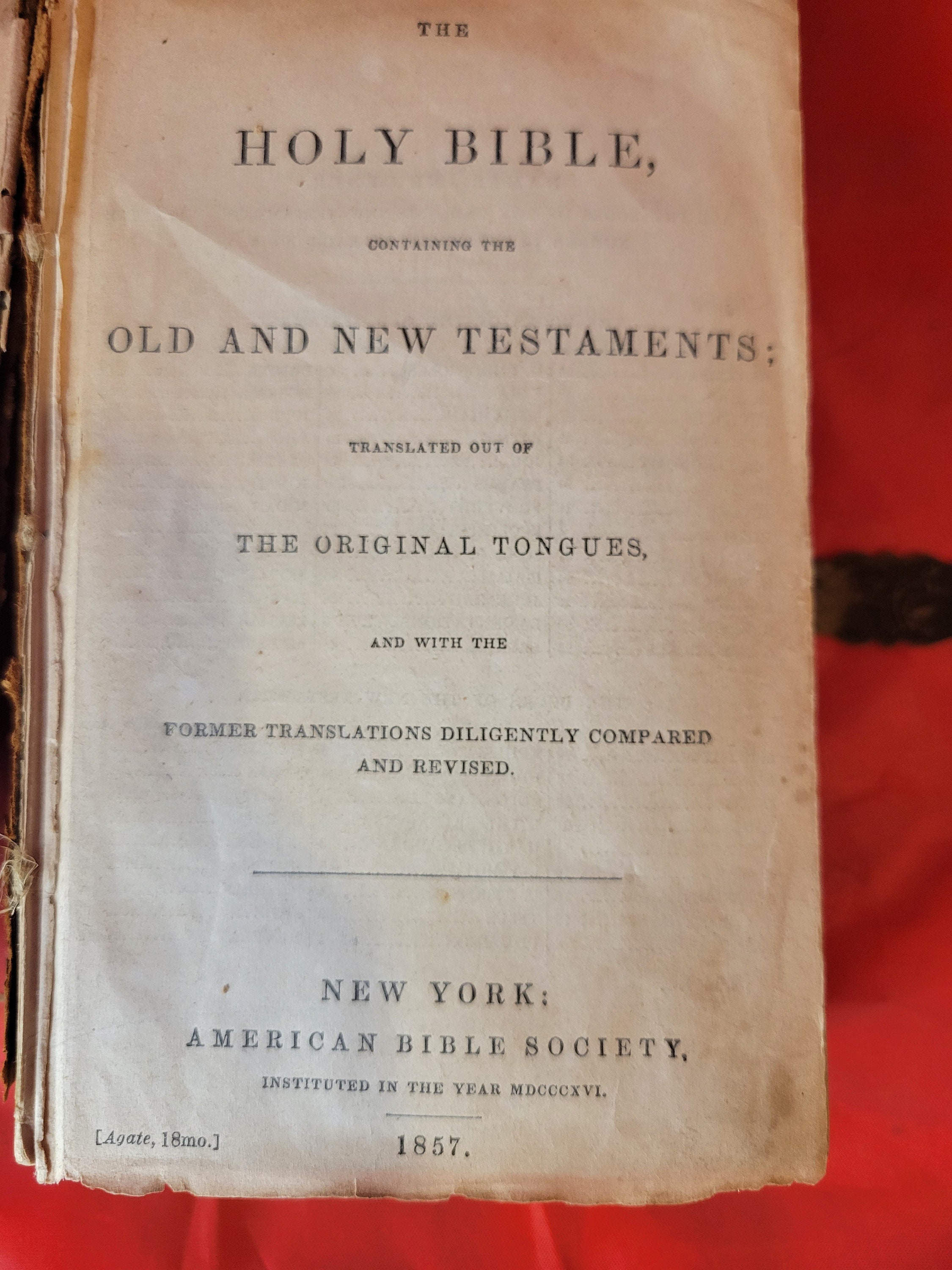 Antique Bible 1857 American Bible Society Old & New Testaments Small Black Leather Holy Bible