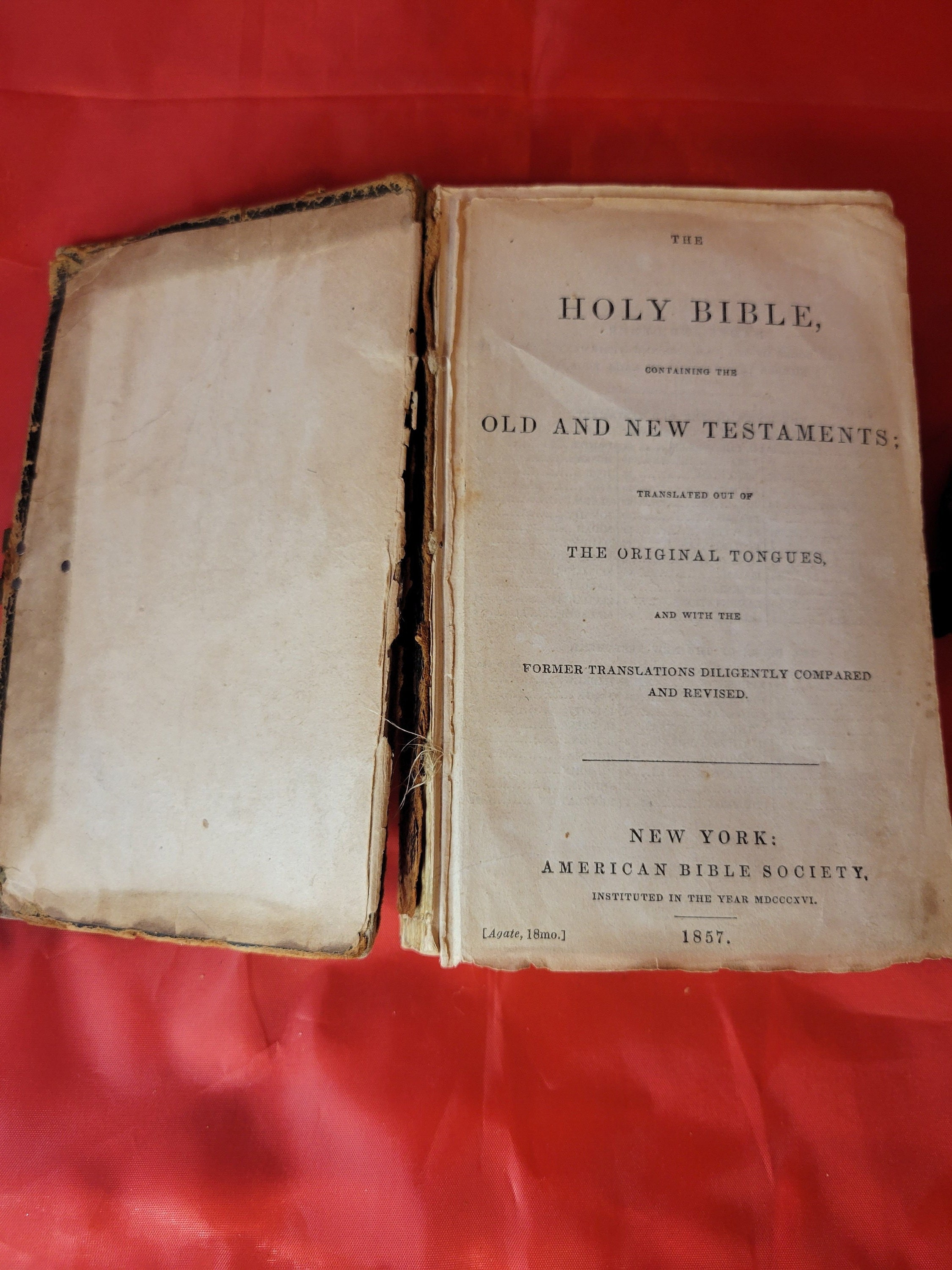 Antique Bible 1857 American Bible Society Old & New Testaments Small Black Leather Holy Bible