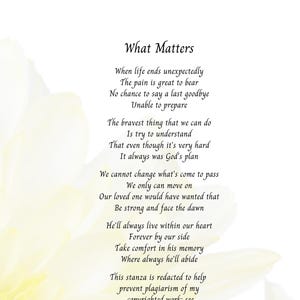 Sympathy download: "What Matters (for her)," Bereavement, Memory, Funeral Program, 8x10 & 5x7