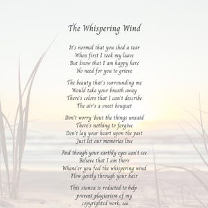 Könnte beinhalten: Ein gedrucktes Gedicht mit dem Titel "The Whispering Wind" von Donna Schilling. Das Gedicht ist in schwarzer Schrift auf weißem Hintergrund geschrieben, mit einer Strandszene im Hintergrund. Das Thema des Gedichts ist Verlust und Erinnerung.