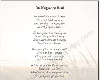 The Whispering Wind -Sympathy or Remembrance Poem, Funeral or Bereavement Poem, Memorial Poem, Funeral Program Poem,INSTANT DIGITAL DOWNLOAD