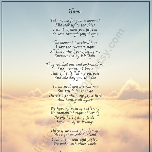 Home -Sympathy Poem, Remembrance or Funeral Poem, Bereavement or Memorial Poem, Funeral Program Poem, INSTANT DIGITAL DOWNLOAD