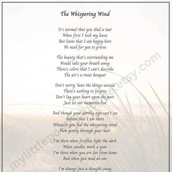 The Whispering Wind -Sympathy or Remembrance Poem, Funeral or Bereavement Poem, Memorial Poem, Funeral Program Poem,INSTANT DIGITAL DOWNLOAD