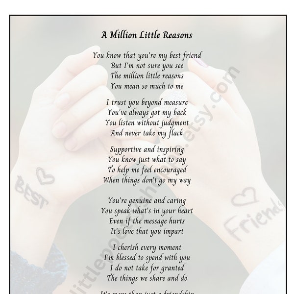 A Million Little Reasons - Friend Poem, Best Friend poem, Friendship Poem, Girlfriend Poem, INSTANT DIGITAL DOWNLOAD