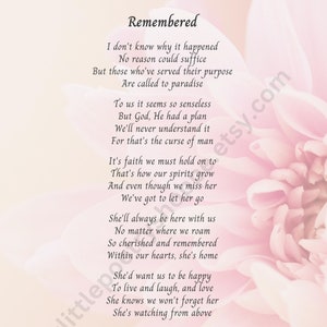 Remembered (For Her) - Sympathy Poem, Remembrance/Funeral Poem, Unexpected Loss Poem, Funeral Program, INSTANT DIGITAL DOWNLOAD 8x10 and 5x7