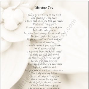 Missing You-Sympathy Poem, Remembrance Poem, Funeral Poem, Bereavement Poem, Mother's Day Poem, Funeral Program, INSTANT DIGITAL DOWNLOAD