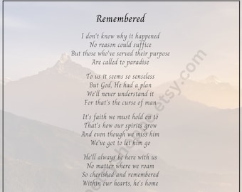 Remembered (For Him) - Sympathy Poem, Remembrance/Funeral Poem, Memory Poem, Unexpected Loss Poem, Funeral Program, INSTANT DIGITAL DOWNLOAD