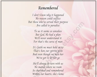 Remembered (For Her) - Sympathy Poem, Remembrance/Funeral Poem, Memory Poem, Unexpected Loss Poem, Funeral Program, INSTANT DIGITAL DOWNLOAD