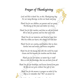 INSTANT DOWNLOAD Thanksgiving: "Prayer of Thanksgiving," Holiday, Blessings, Thankfulness, 8x10 & 5x7