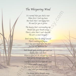 The Whispering Wind -Sympathy Poem, Funeral or Bereavement Poem, Memorial Poem, Funeral Program Poem, INSTANT DIGITAL DOWNLOAD, 5x7 and 8x10