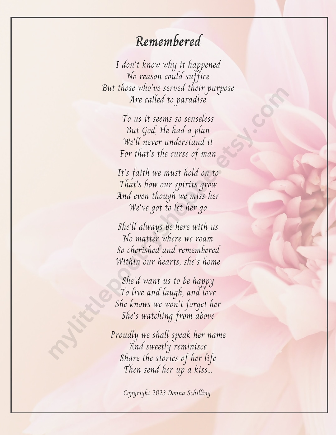 Remembered for Her Sympathy Poem, Remembrance/funeral Poem, Memory Poem