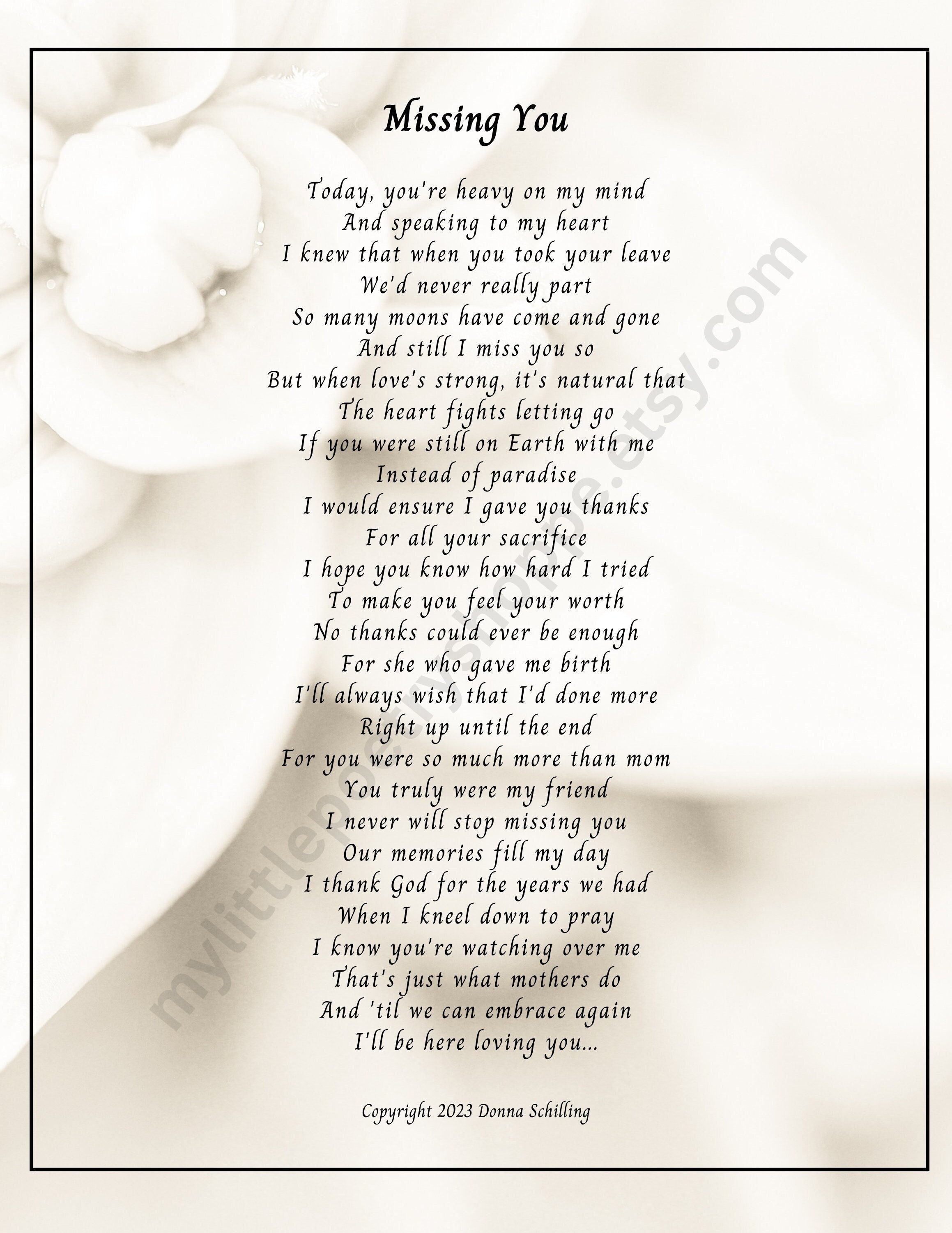 Missing You sympathy Poem Remembrance Poem Funeral Poem Bereavement 
