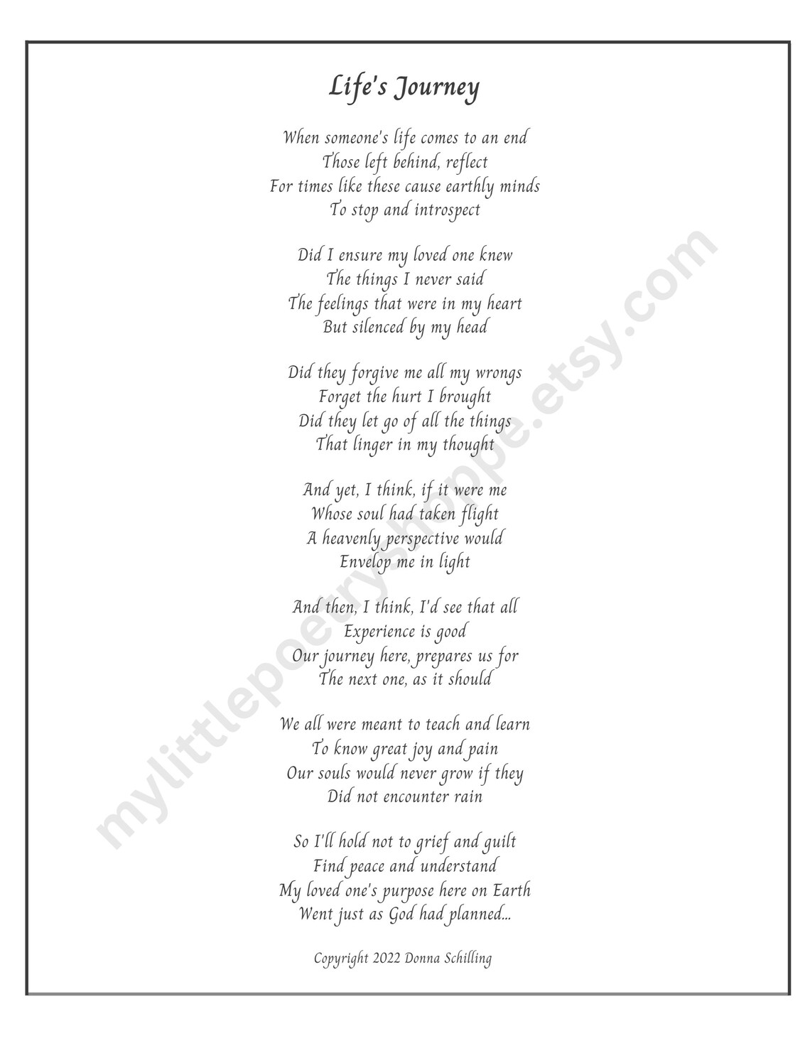 Life's Journey Sympathy Poem, Remembrance Poem, Funeral Poem