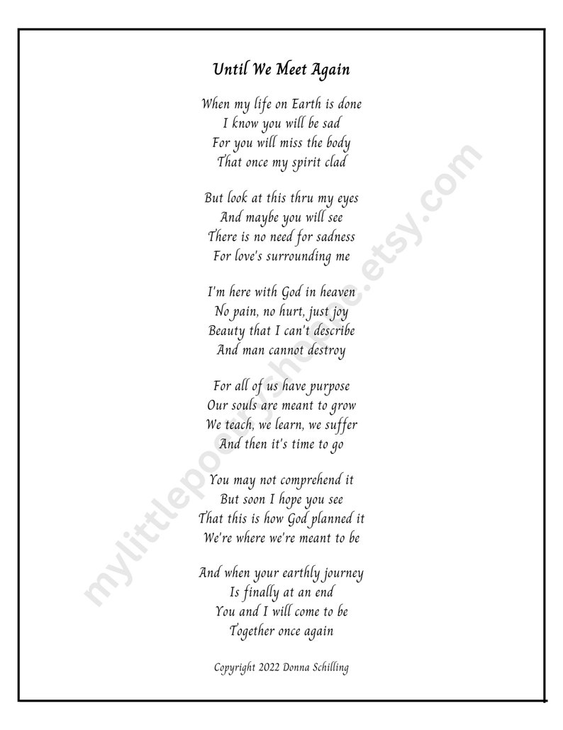 Until We Meet Again sympathy Poem Remembrance or Funeral Poem