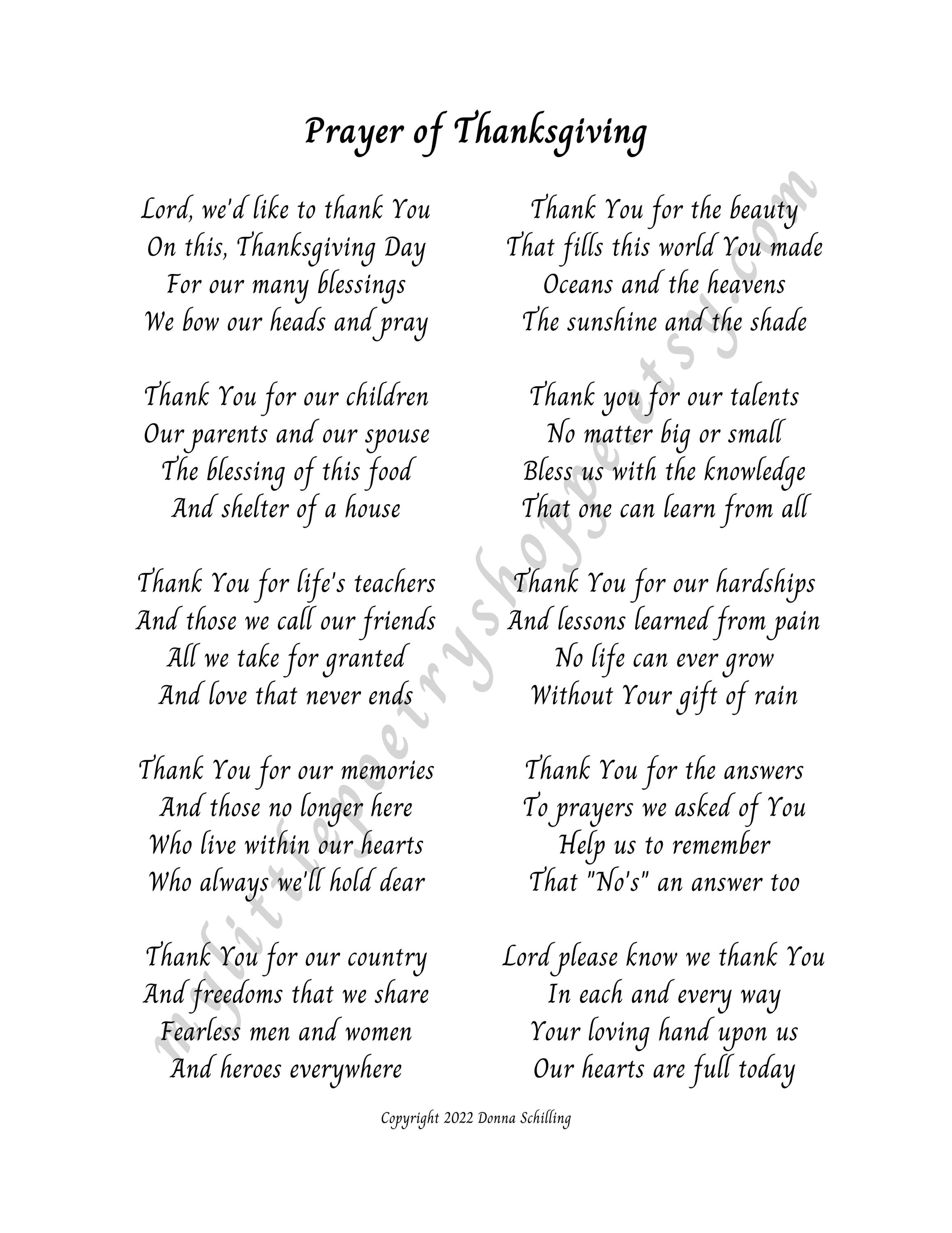 instant download thanksgiving: "prayer of thanksgiving," holiday,  blessings, thankfulness, 8x10 & 5x7