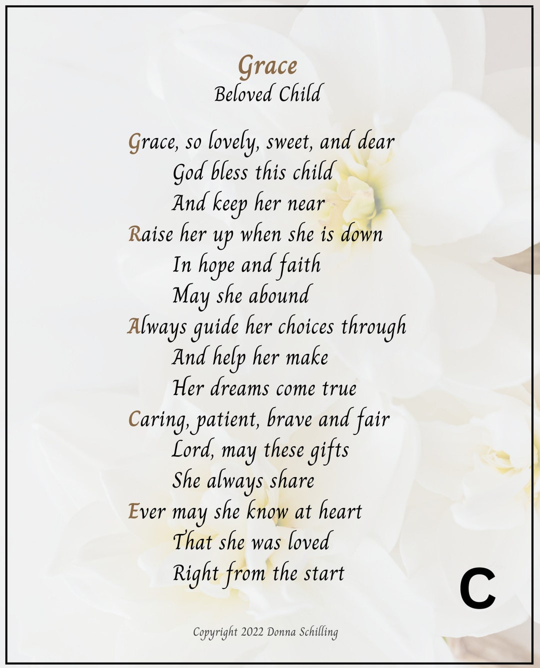 GRACE Acrostic Name Poem Baby or Child Personalized Poem Etsy Australia