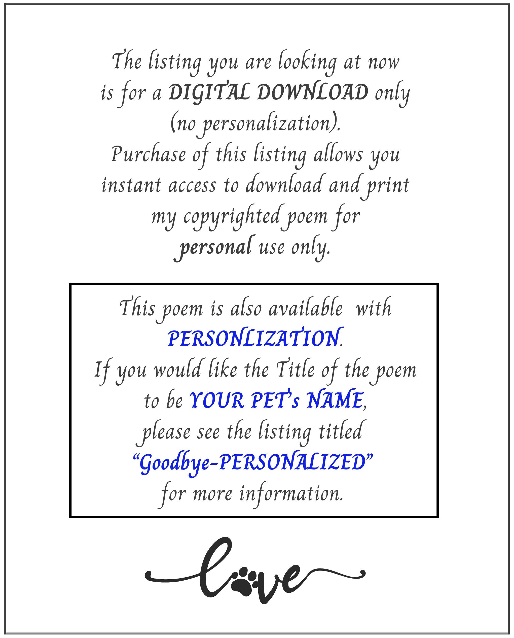 Goodbye love Background Loss of Pet, Pet Sympathy Poem, INSTANT DIGITAL ...