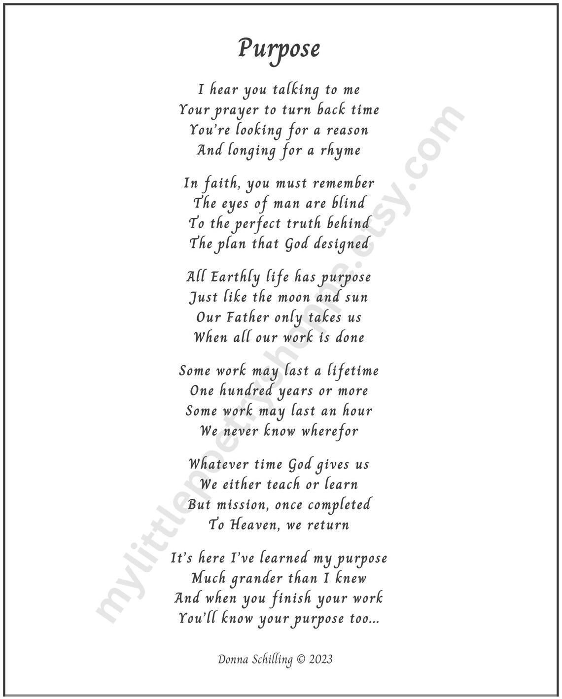 Purpose Sympathy Poem, Bereavement Poem, Memory Poem, Funeral Program