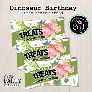 Label verjaardagstaart rijsttraktatie dinosaurus: bewerkbare sjabloon (digitale download)