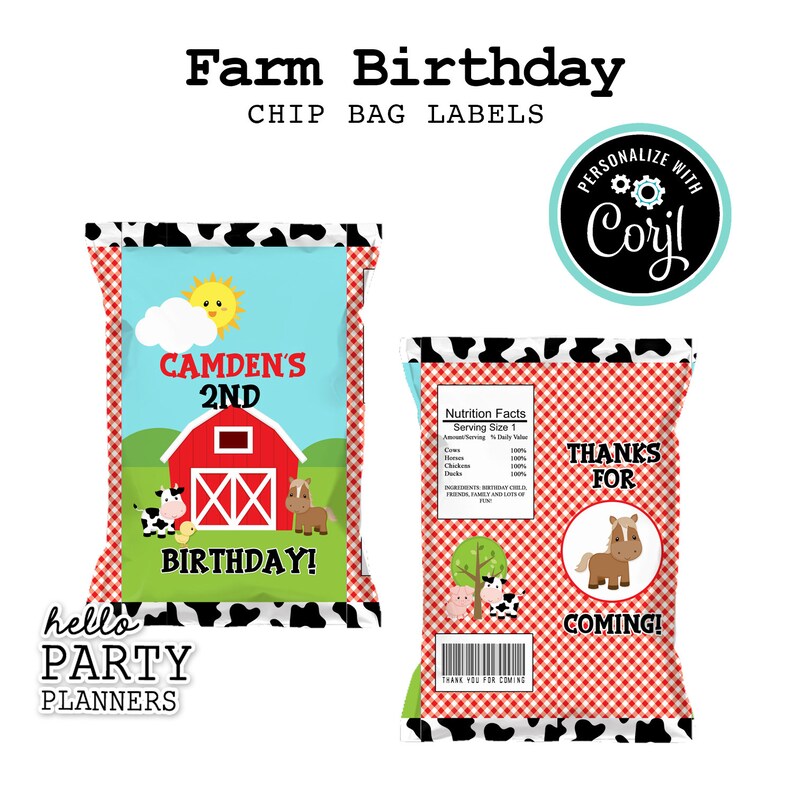 EDITABLE Farm Birthday Chip Bag Labels, Personalized Chip Bag Label Template, Instant Download